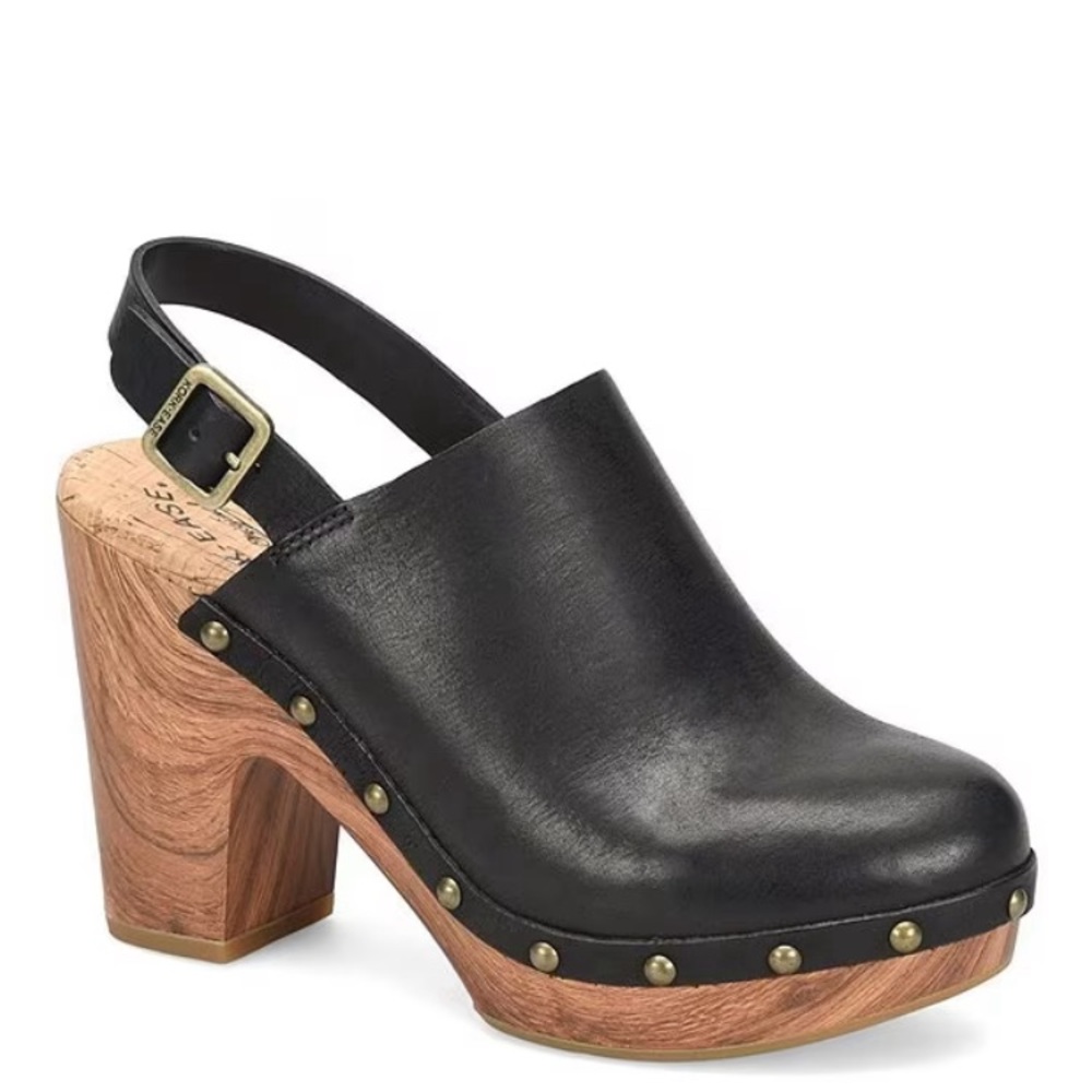 New Kork Ease Darby Burnished Leather Platform Slingback Clogs size 9M black